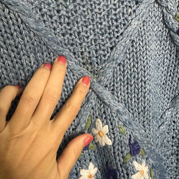 vtg 80's 90's NEEDLES & YARN floral embroidered chunky knit sweater blue size M - Picture 6 of 8